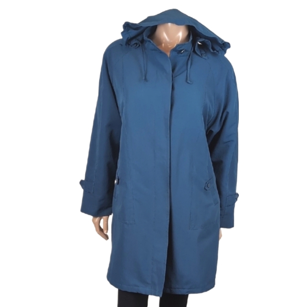 London Fog Hooded Trench Coat Thick Removable Fleece Lined Teal Blue